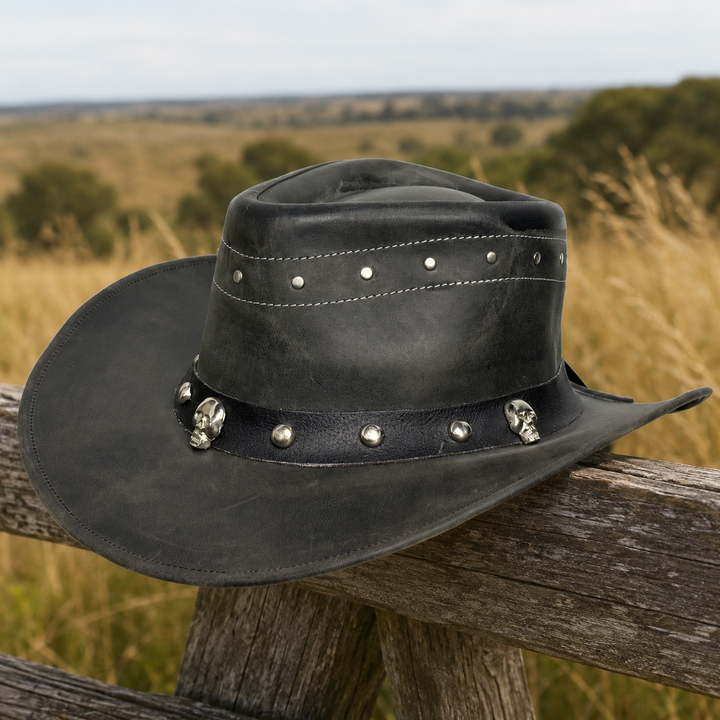 Danakil Leather Cowboy Hat for Men &amp; Women – Top Grain Leather Western Hat with Skull &amp; Stud Design, Shapeable Brim