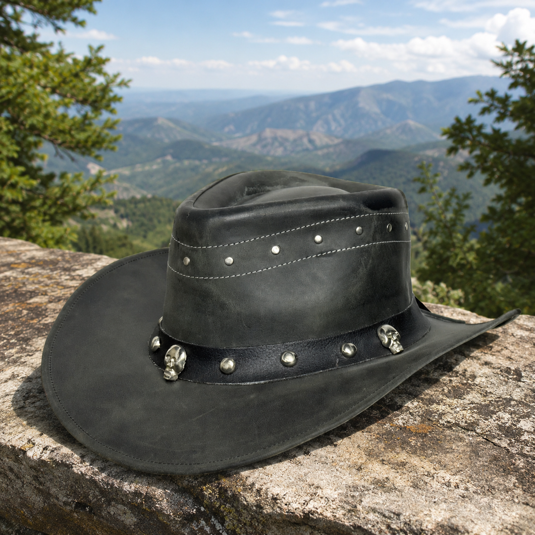 Danakil Leather Cowboy Hat for Men &amp; Women – Top Grain Leather Western Hat with Skull &amp; Stud Design, Shapeable Brim