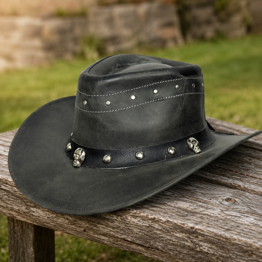 Danakil Leather Cowboy Hat for Men &amp; Women – Top Grain Leather Western Hat with Skull &amp; Stud Design, Shapeable Brim