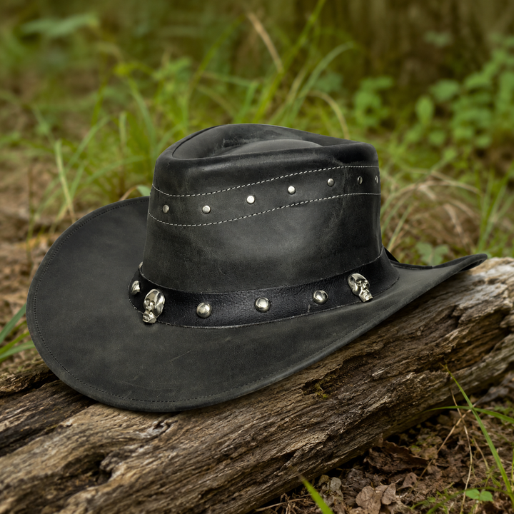 Danakil Leather Cowboy Hat for Men &amp; Women – Top Grain Leather Western Hat with Skull &amp; Stud Design, Shapeable Brim