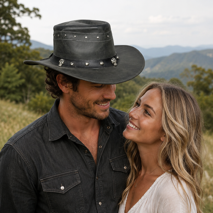 Danakil Leather Cowboy Hat for Men &amp; Women – Top Grain Leather Western Hat with Skull &amp; Stud Design, Shapeable Brim