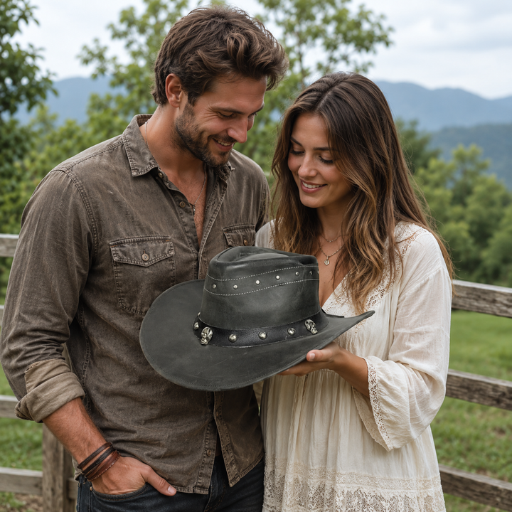Danakil Leather Cowboy Hat for Men &amp; Women – Top Grain Leather Western Hat with Skull &amp; Stud Design, Shapeable Brim