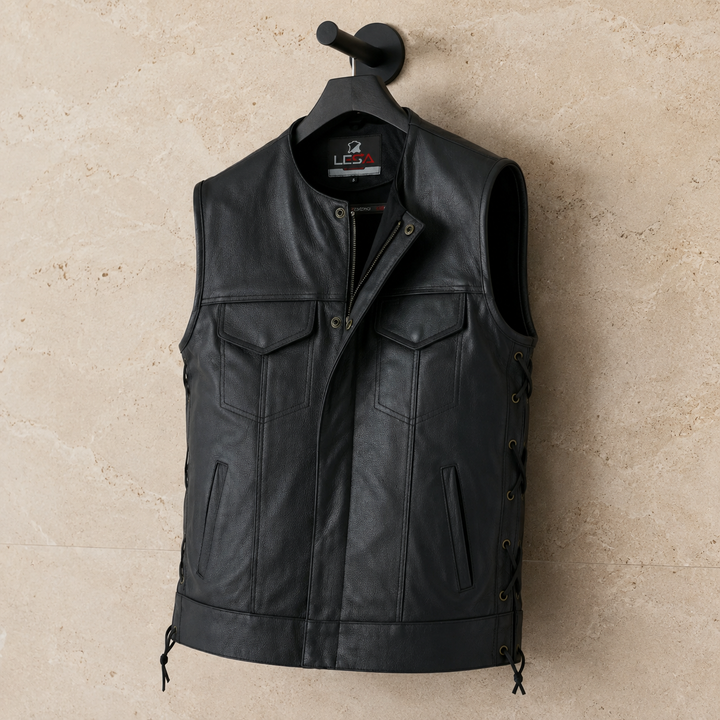 Men’s Leather Motorcycle Vest – Collarless Black Biker Vest with Side Laces, Concealed Carry Pockets &amp; Adjustable Fit, Durable Cowhide Leather