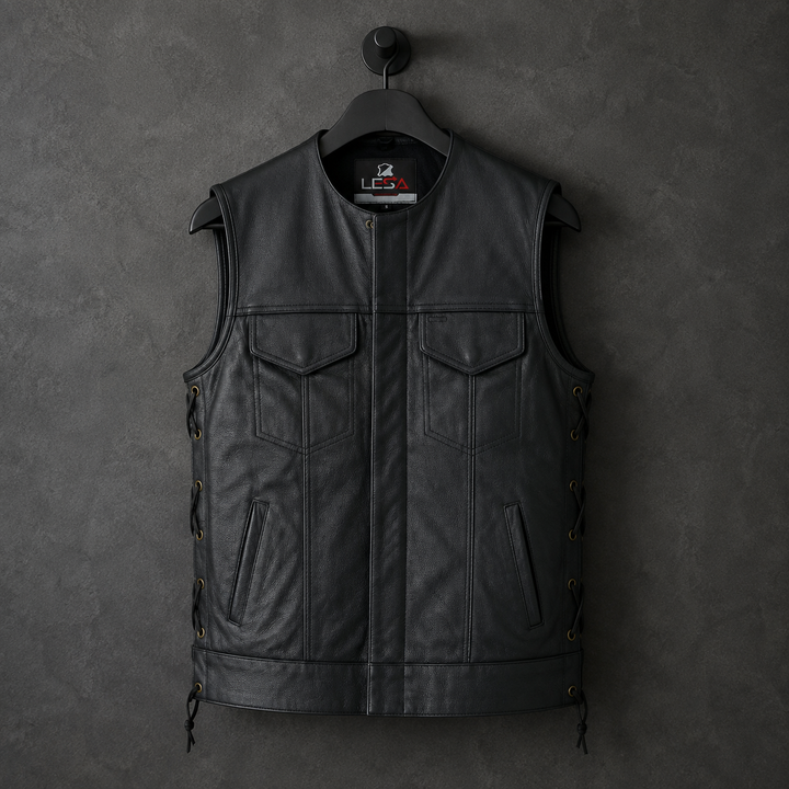 Men’s Leather Motorcycle Vest – Collarless Black Biker Vest with Side Laces, Concealed Carry Pockets &amp; Adjustable Fit, Durable Cowhide Leather