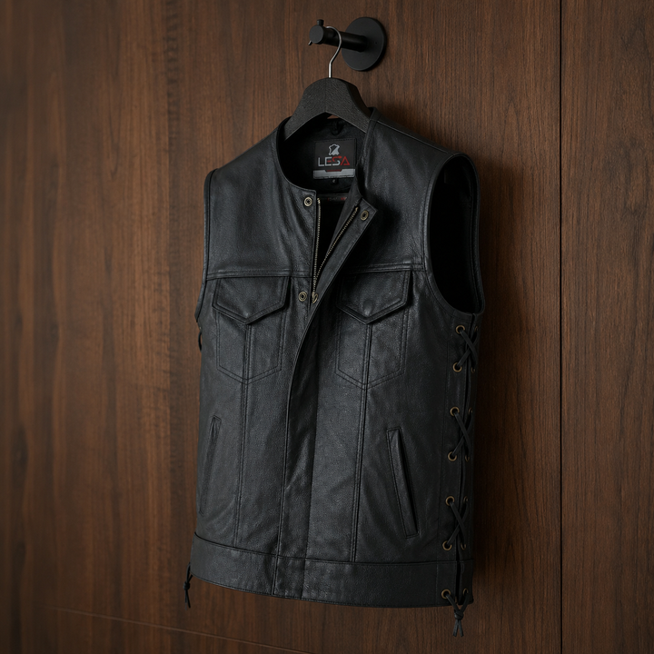 Men’s Leather Motorcycle Vest – Collarless Black Biker Vest with Side Laces, Concealed Carry Pockets &amp; Adjustable Fit, Durable Cowhide Leather