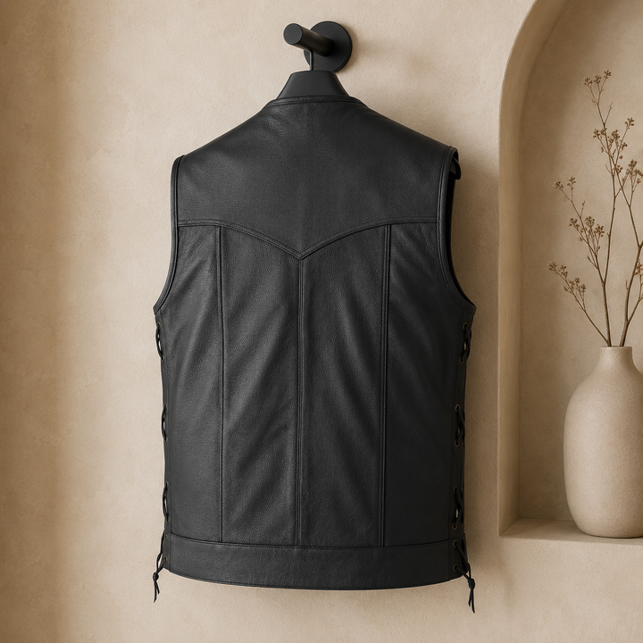 Men’s Leather Motorcycle Vest – Collarless Black Biker Vest with Side Laces, Concealed Carry Pockets &amp; Adjustable Fit, Durable Cowhide Leather