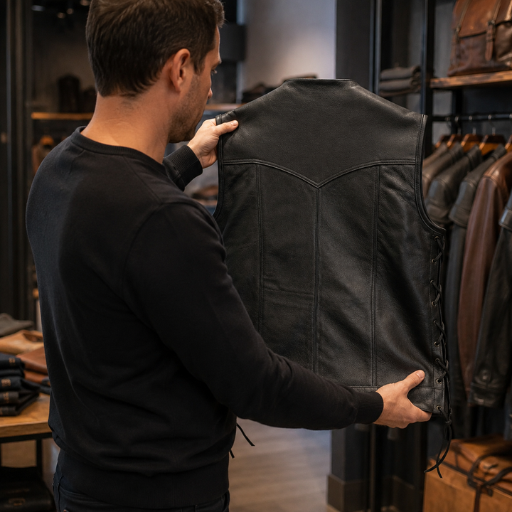 Men’s Leather Motorcycle Vest – Collarless Black Biker Vest with Side Laces, Concealed Carry Pockets &amp; Adjustable Fit, Durable Cowhide Leather
