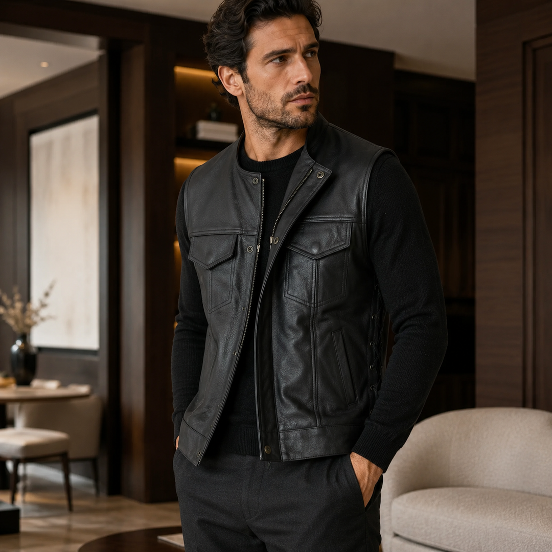 Men’s Leather Motorcycle Vest – Collarless Black Biker Vest with Side Laces, Concealed Carry Pockets &amp; Adjustable Fit, Durable Cowhide Leather