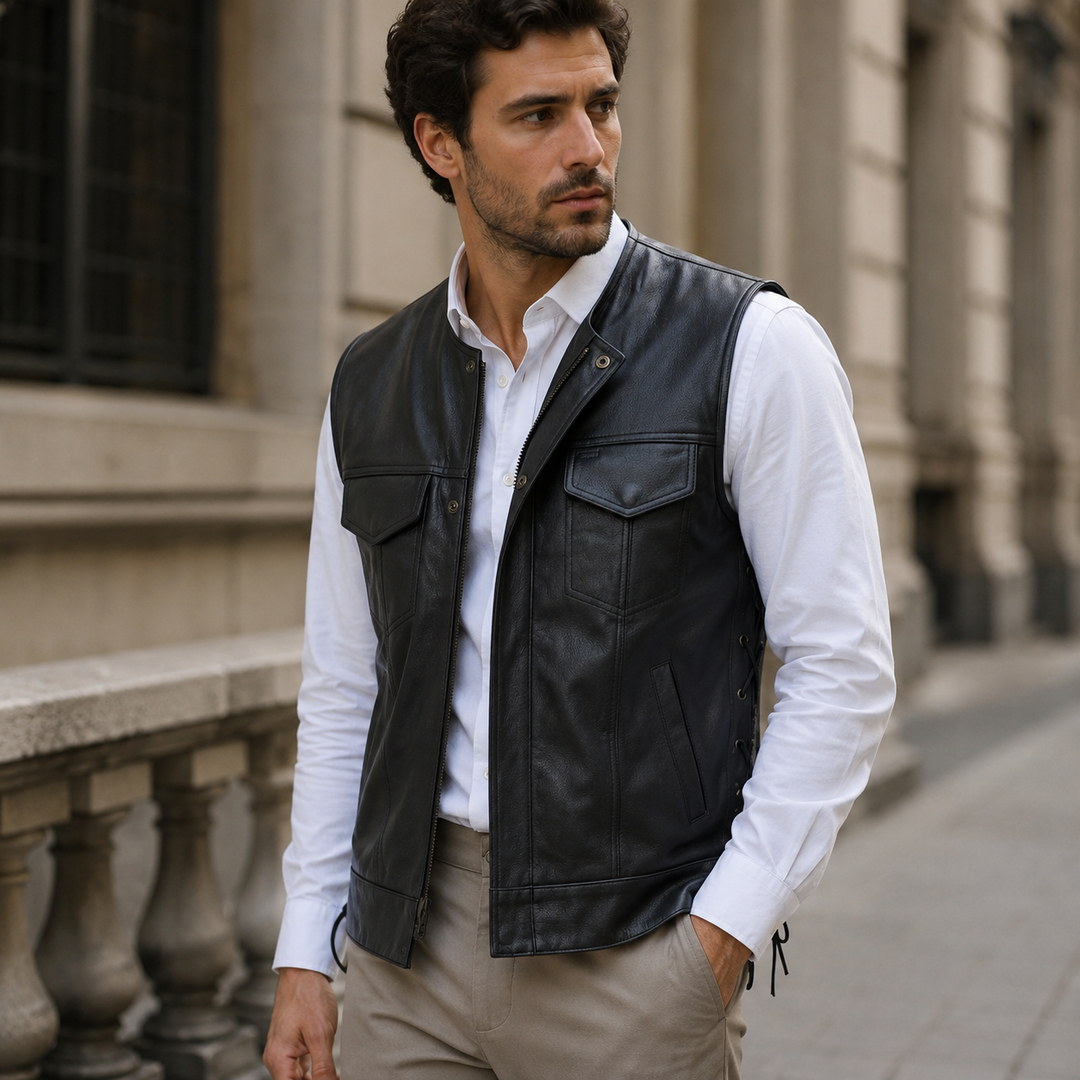 Men’s Leather Motorcycle Vest – Collarless Black Biker Vest with Side Laces, Concealed Carry Pockets &amp; Adjustable Fit, Durable Cowhide Leather