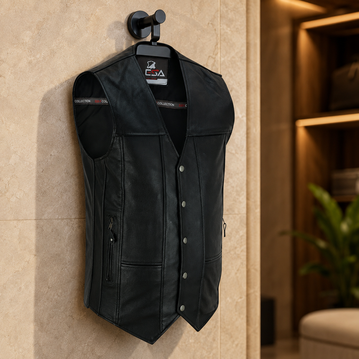 Men’s Black Leather Motorcycle Vest – 10 Pocket Cowhide Biker Vest with Concealed Carry, V-Neck Design &amp; Snap Closure
