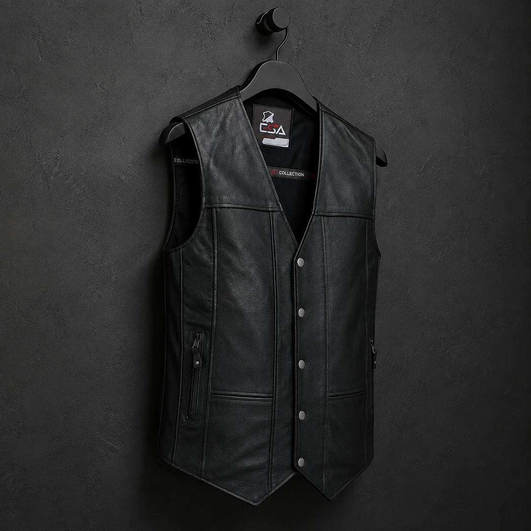 Men’s Black Leather Motorcycle Vest – 10 Pocket Cowhide Biker Vest with Concealed Carry, V-Neck Design &amp; Snap Closure