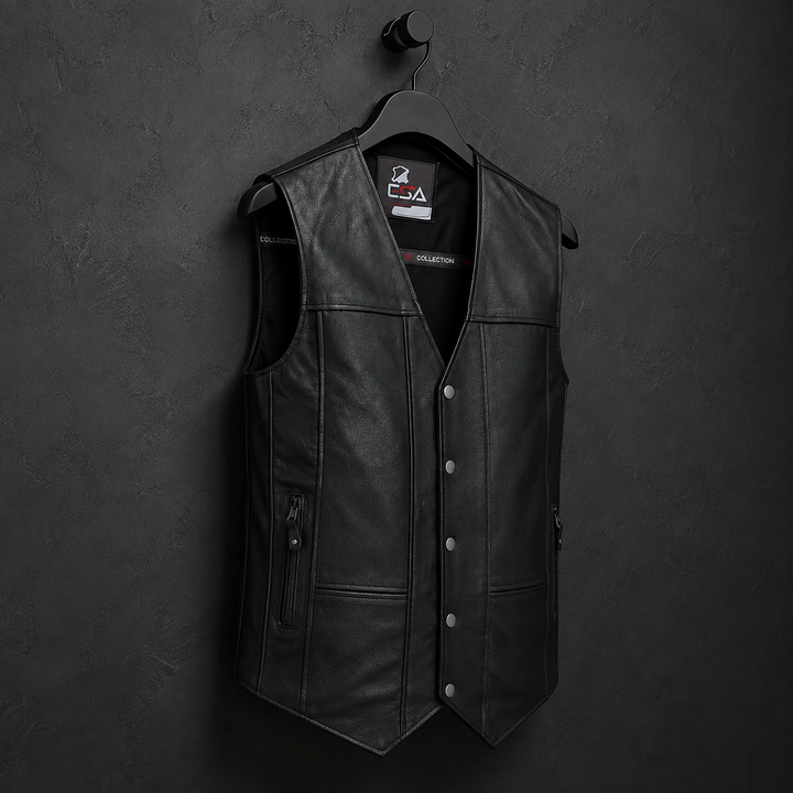Men’s Black Leather Motorcycle Vest – 10 Pocket Cowhide Biker Vest with Concealed Carry, V-Neck Design &amp; Snap Closure
