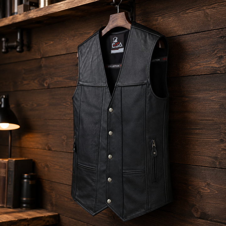 Men’s Black Leather Motorcycle Vest – 10 Pocket Cowhide Biker Vest with Concealed Carry, V-Neck Design &amp; Snap Closure