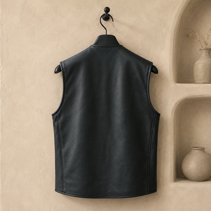Men’s Black Leather Motorcycle Vest – 10 Pocket Cowhide Biker Vest with Concealed Carry, V-Neck Design &amp; Snap Closure