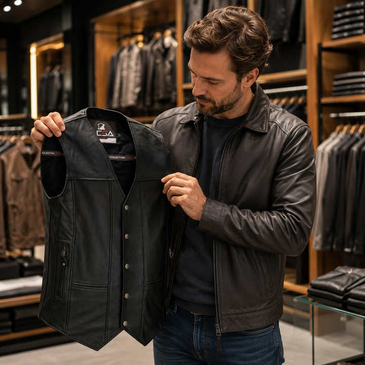 Men’s Black Leather Motorcycle Vest – 10 Pocket Cowhide Biker Vest with Concealed Carry, V-Neck Design &amp; Snap Closure