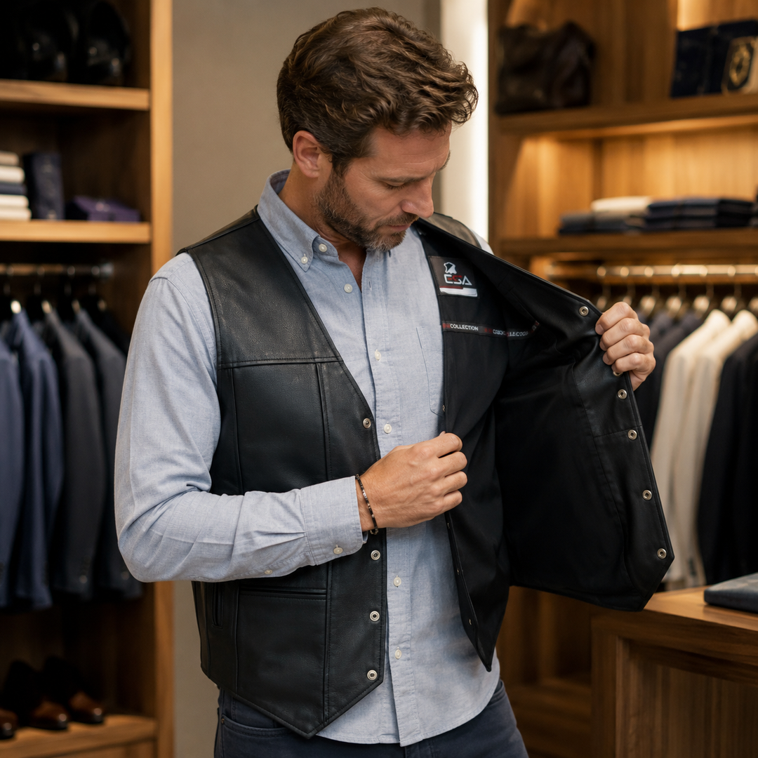 Men’s Black Leather Motorcycle Vest – 10 Pocket Cowhide Biker Vest with Concealed Carry, V-Neck Design &amp; Snap Closure