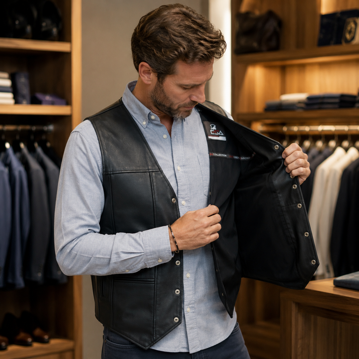 Men’s Black Leather Motorcycle Vest – 10 Pocket Cowhide Biker Vest with Concealed Carry, V-Neck Design &amp; Snap Closure