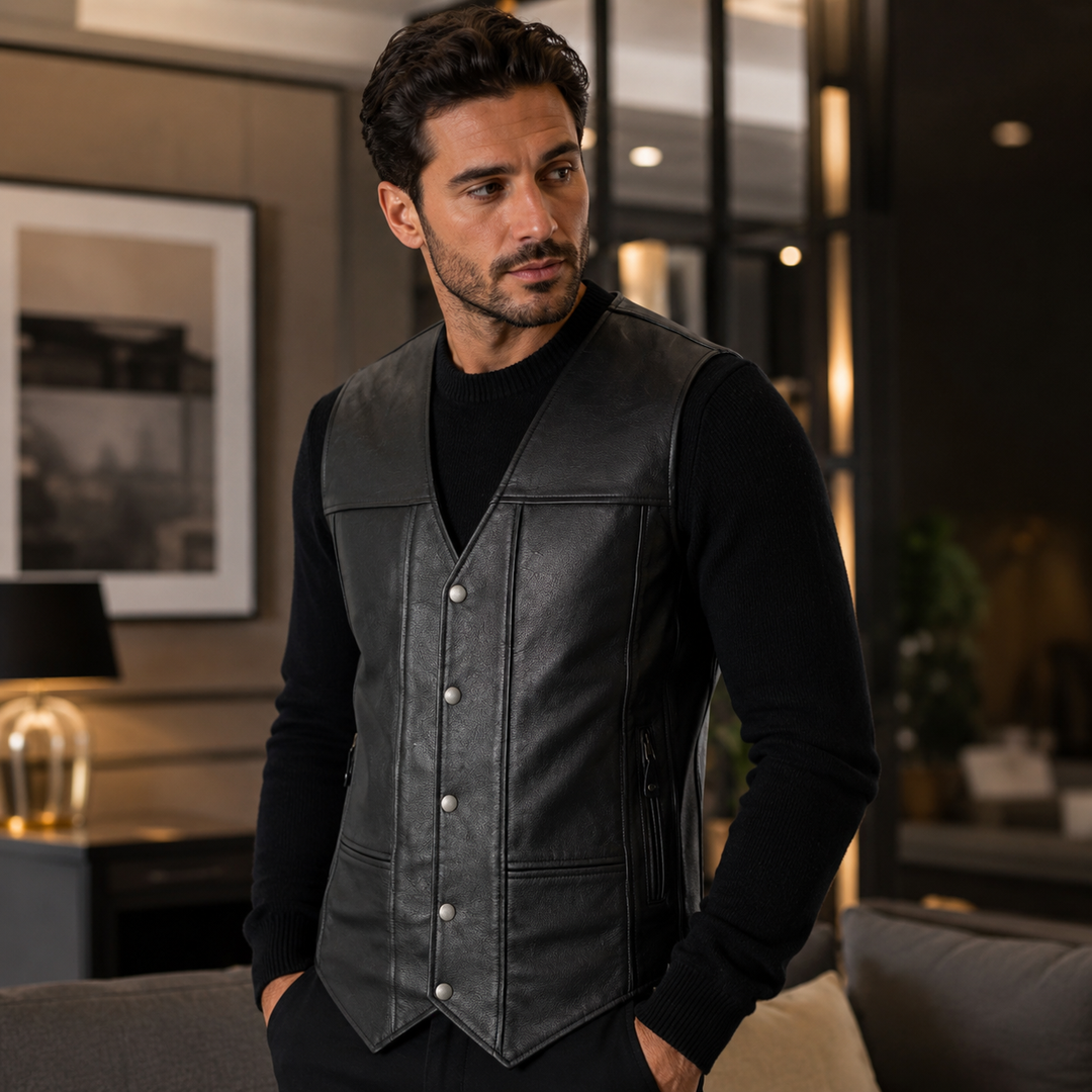 Men’s Black Leather Motorcycle Vest – 10 Pocket Cowhide Biker Vest with Concealed Carry, V-Neck Design &amp; Snap Closure