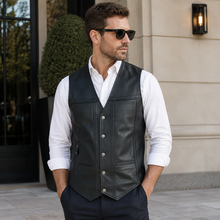 Men’s Black Leather Motorcycle Vest – 10 Pocket Cowhide Biker Vest with Concealed Carry, V-Neck Design &amp; Snap Closure
