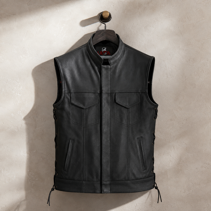 Men’s Black Leather Motorcycle Vest with Collar – Cowhide Biker Vest with Side Laces, Concealed Carry Pockets &amp; Adjustable Fit