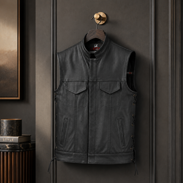 Men’s Black Leather Motorcycle Vest with Collar – Cowhide Biker Vest with Side Laces, Concealed Carry Pockets &amp; Adjustable Fit
