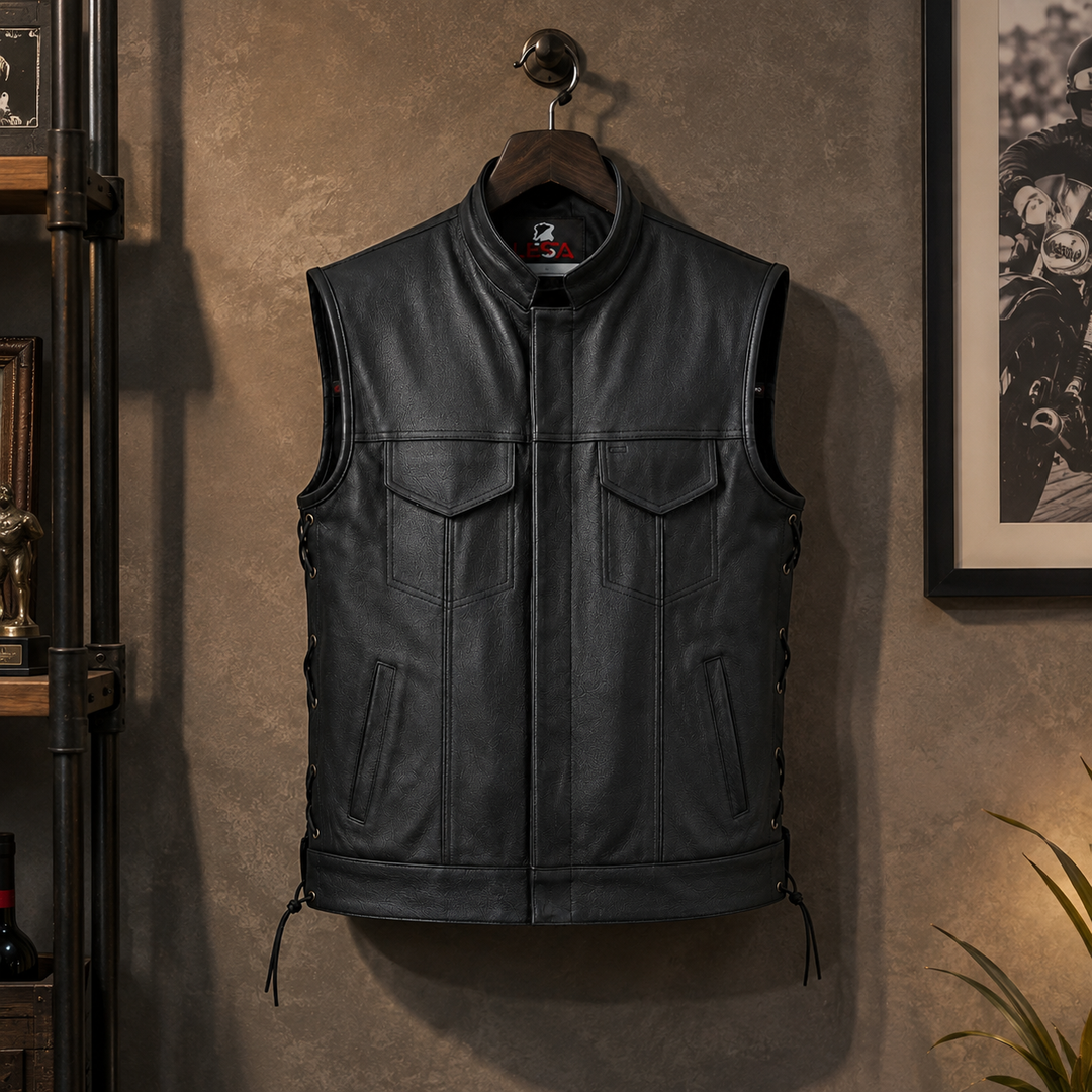 Men’s Black Leather Motorcycle Vest with Collar – Cowhide Biker Vest with Side Laces, Concealed Carry Pockets &amp; Adjustable Fit