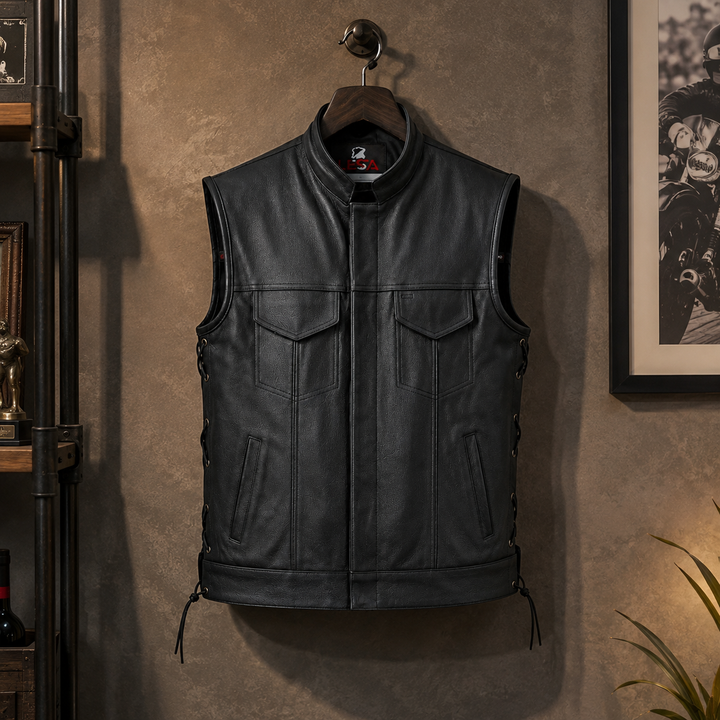 Men’s Black Leather Motorcycle Vest with Collar – Cowhide Biker Vest with Side Laces, Concealed Carry Pockets &amp; Adjustable Fit