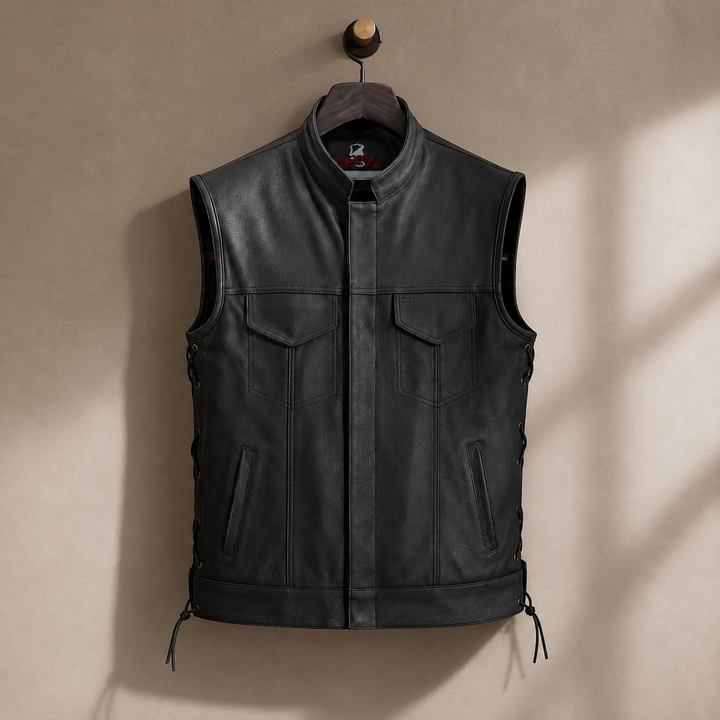 Men’s Black Leather Motorcycle Vest with Collar – Cowhide Biker Vest with Side Laces, Concealed Carry Pockets &amp; Adjustable Fit