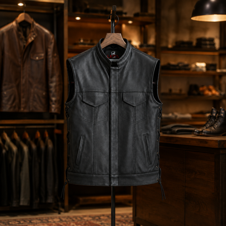 Men’s Black Leather Motorcycle Vest with Collar – Cowhide Biker Vest with Side Laces, Concealed Carry Pockets &amp; Adjustable Fit