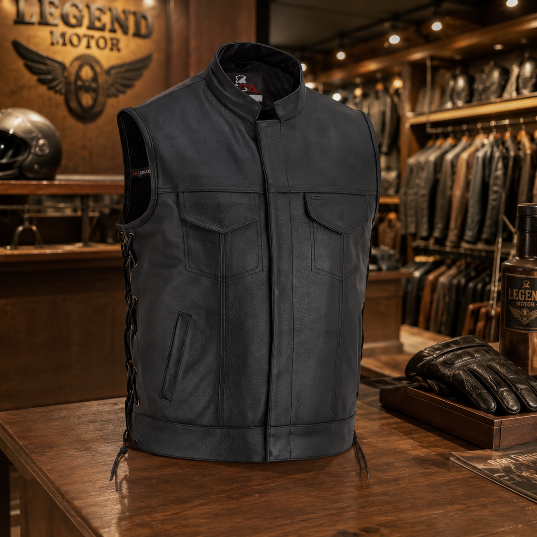 Men’s Black Leather Motorcycle Vest with Collar – Cowhide Biker Vest with Side Laces, Concealed Carry Pockets &amp; Adjustable Fit
