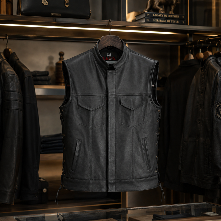 Men’s Black Leather Motorcycle Vest with Collar – Cowhide Biker Vest with Side Laces, Concealed Carry Pockets &amp; Adjustable Fit