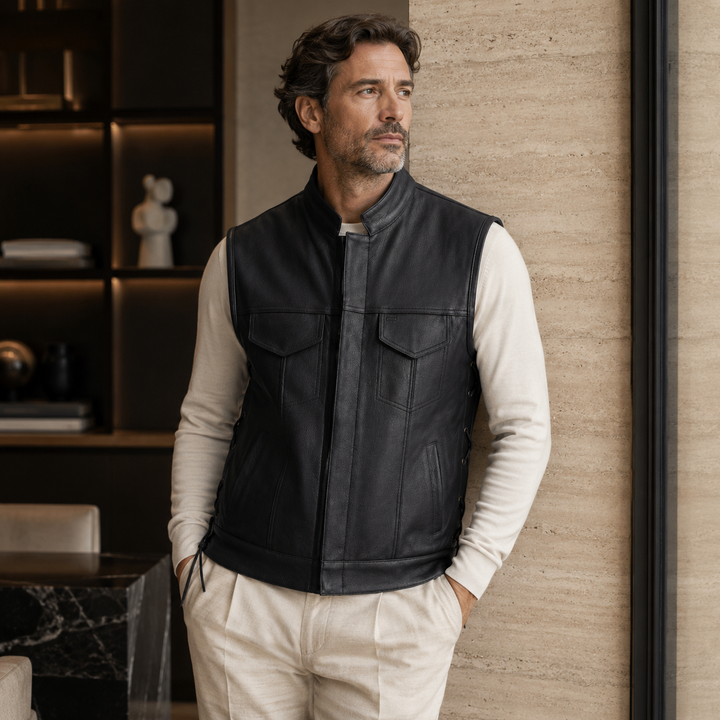 Men’s Black Leather Motorcycle Vest with Collar – Cowhide Biker Vest with Side Laces, Concealed Carry Pockets &amp; Adjustable Fit