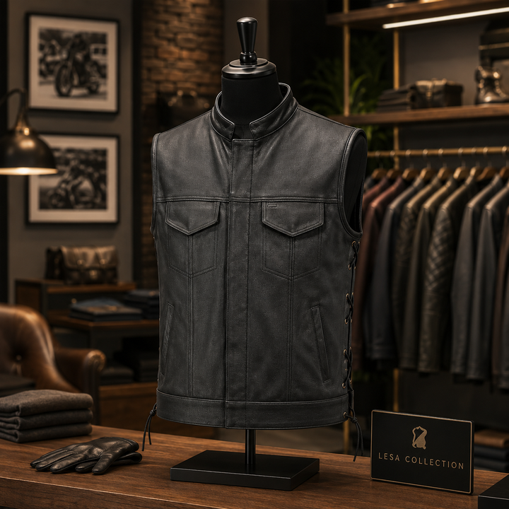 Men’s Black Leather Motorcycle Vest with Collar – Cowhide Biker Vest with Side Laces, Concealed Carry Pockets &amp; Adjustable Fit