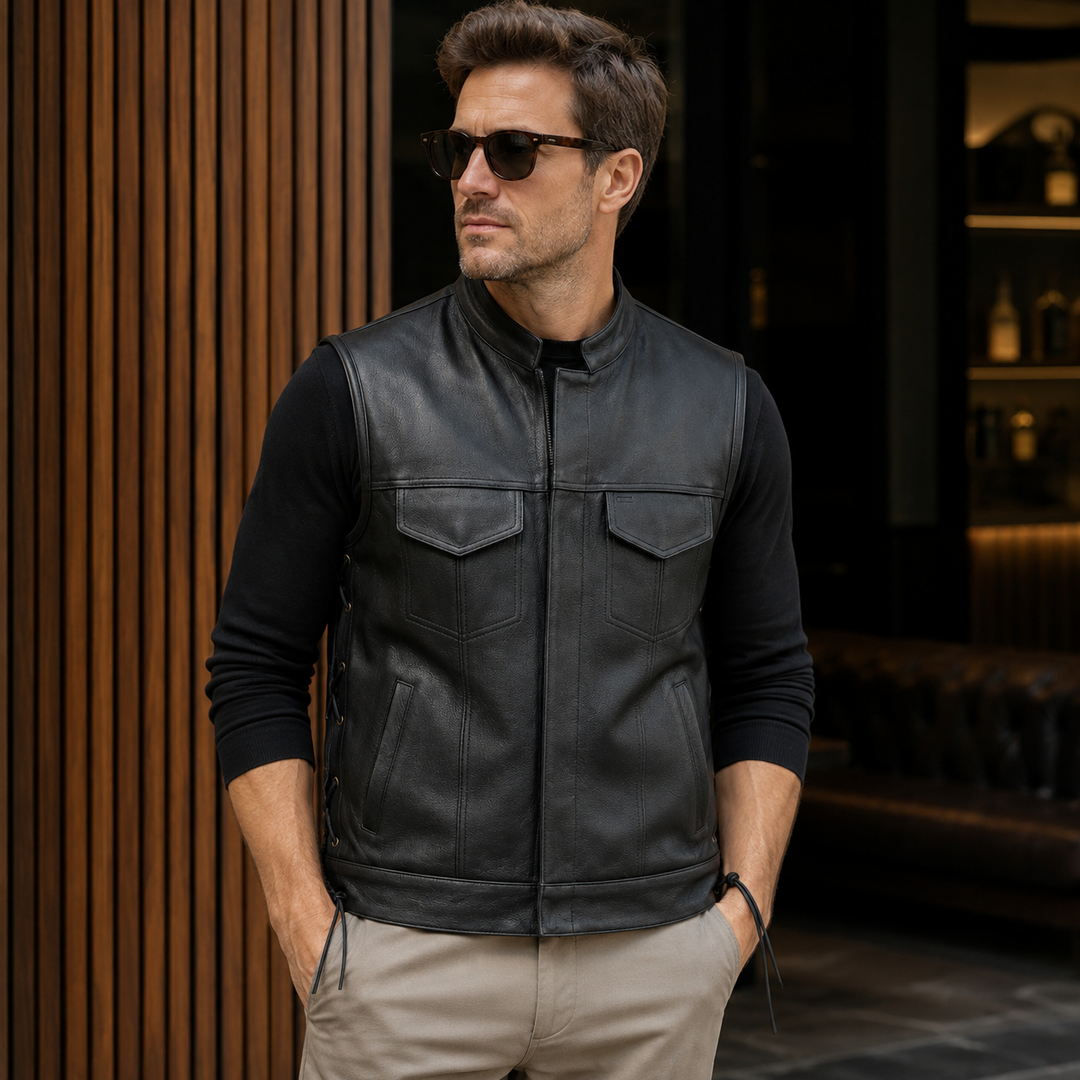 Men’s Black Leather Motorcycle Vest with Collar – Cowhide Biker Vest with Side Laces, Concealed Carry Pockets &amp; Adjustable Fit