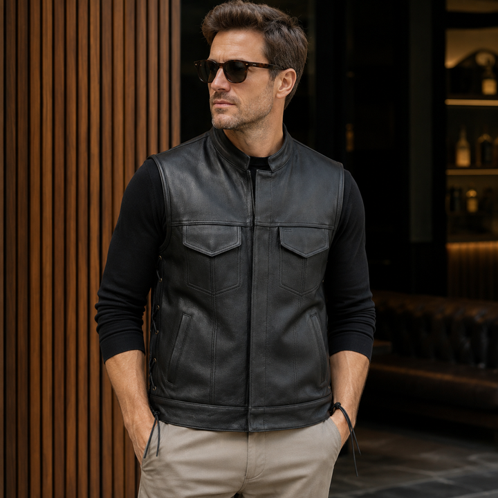 Men’s Black Leather Motorcycle Vest with Collar – Cowhide Biker Vest with Side Laces, Concealed Carry Pockets &amp; Adjustable Fit