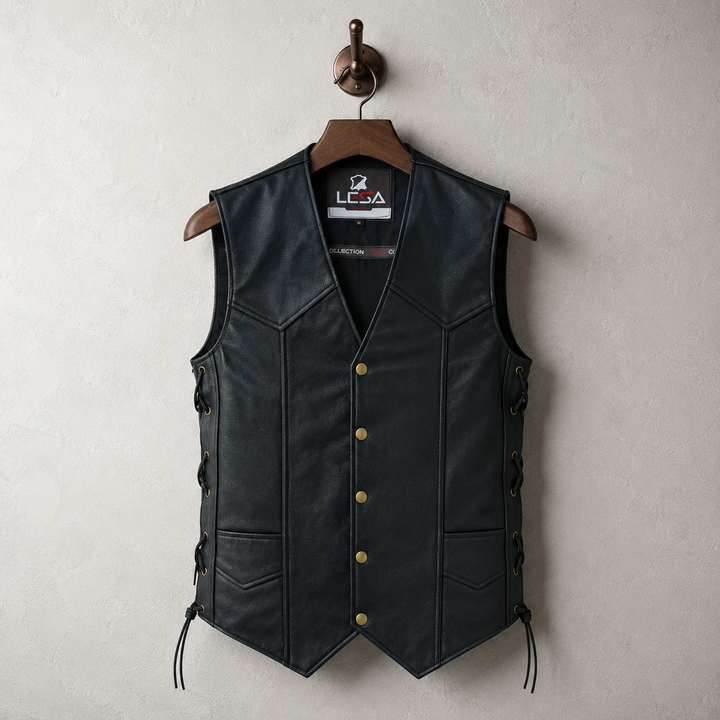 Men’s 10 Pocket Leather Motorcycle Vest – Genuine Cowhide Biker Vest with Side Laces, Concealed Carry Pockets &amp; V-Neck Snap Closure