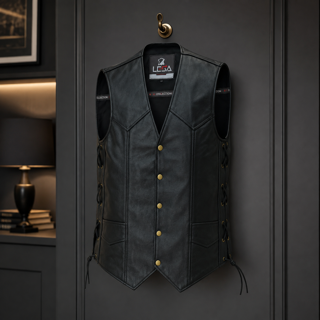 Men’s 10 Pocket Leather Motorcycle Vest – Genuine Cowhide Biker Vest with Side Laces, Concealed Carry Pockets &amp; V-Neck Snap Closure