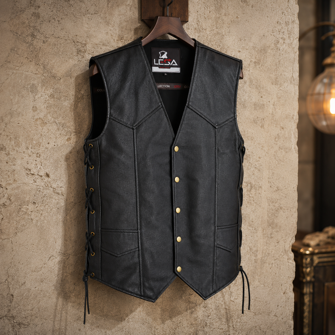 Men’s 10 Pocket Leather Motorcycle Vest – Genuine Cowhide Biker Vest with Side Laces, Concealed Carry Pockets &amp; V-Neck Snap Closure
