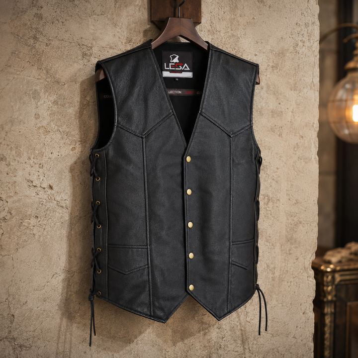 Men’s 10 Pocket Leather Motorcycle Vest – Genuine Cowhide Biker Vest with Side Laces, Concealed Carry Pockets &amp; V-Neck Snap Closure