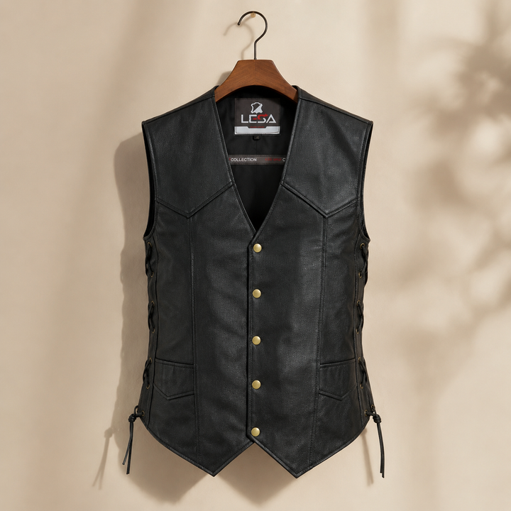 Men’s 10 Pocket Leather Motorcycle Vest – Genuine Cowhide Biker Vest with Side Laces, Concealed Carry Pockets &amp; V-Neck Snap Closure