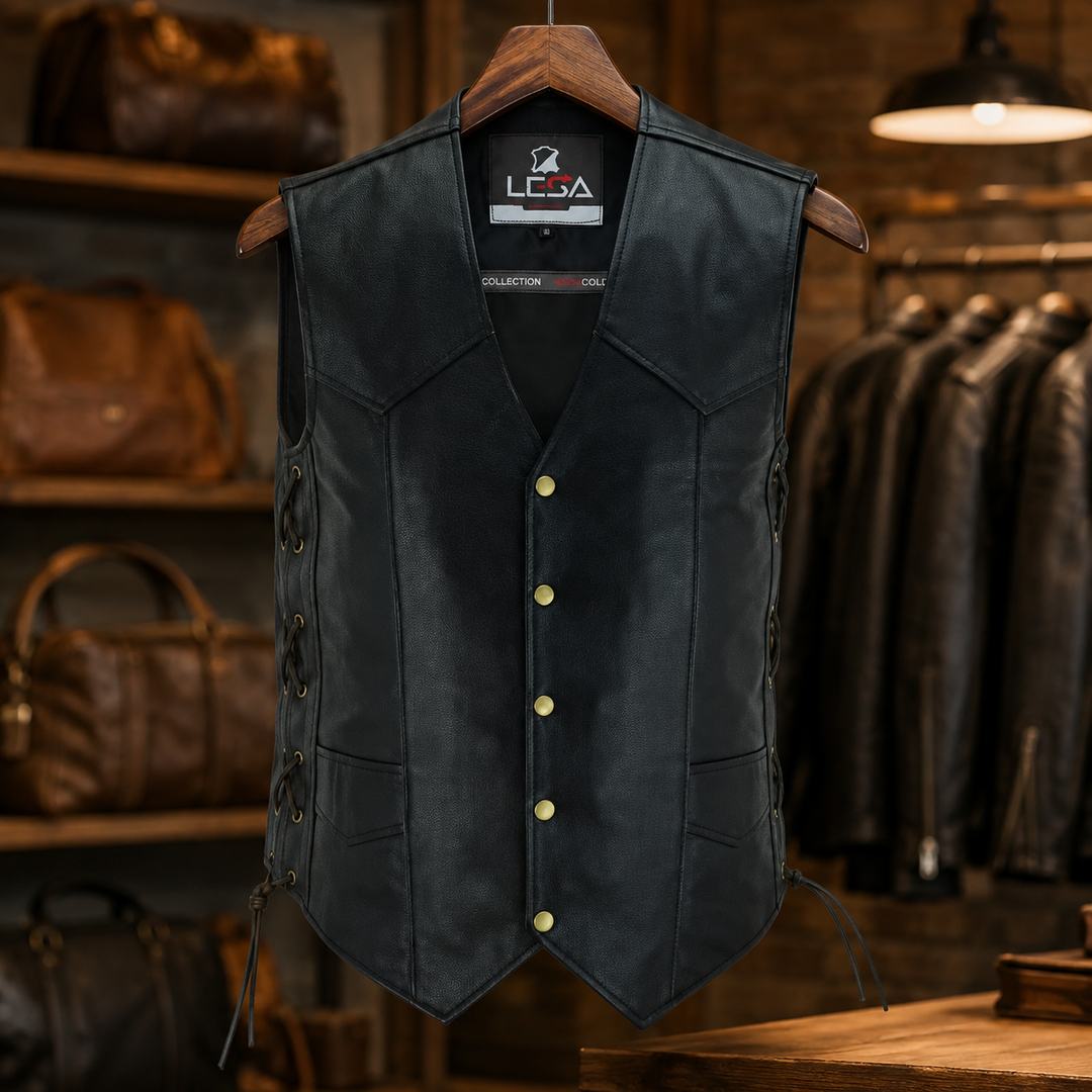 Men’s 10 Pocket Leather Motorcycle Vest – Genuine Cowhide Biker Vest with Side Laces, Concealed Carry Pockets &amp; V-Neck Snap Closure