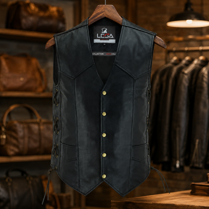 Men’s 10 Pocket Leather Motorcycle Vest – Genuine Cowhide Biker Vest with Side Laces, Concealed Carry Pockets &amp; V-Neck Snap Closure