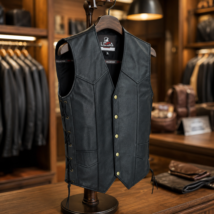 Men’s 10 Pocket Leather Motorcycle Vest – Genuine Cowhide Biker Vest with Side Laces, Concealed Carry Pockets &amp; V-Neck Snap Closure