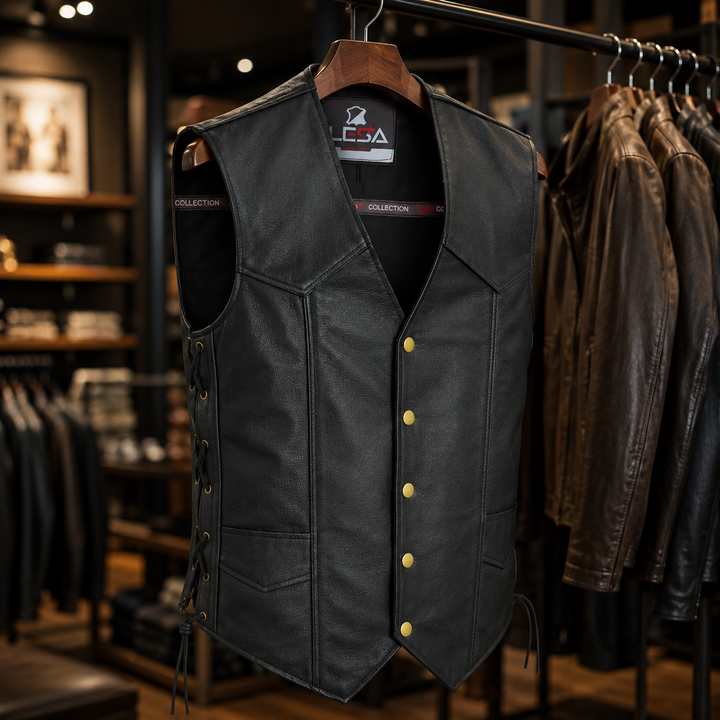 Men’s 10 Pocket Leather Motorcycle Vest – Genuine Cowhide Biker Vest with Side Laces, Concealed Carry Pockets &amp; V-Neck Snap Closure