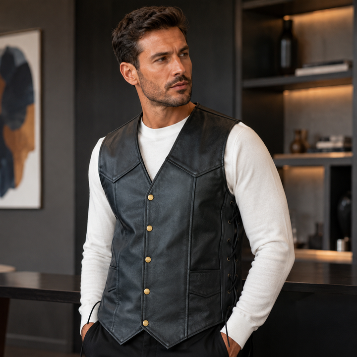 Men’s 10 Pocket Leather Motorcycle Vest – Genuine Cowhide Biker Vest with Side Laces, Concealed Carry Pockets &amp; V-Neck Snap Closure