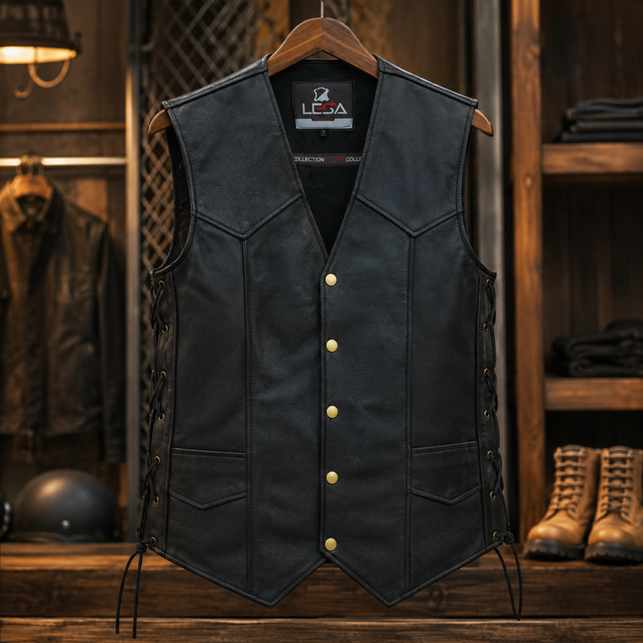 Men’s 10 Pocket Leather Motorcycle Vest – Genuine Cowhide Biker Vest with Side Laces, Concealed Carry Pockets &amp; V-Neck Snap Closure