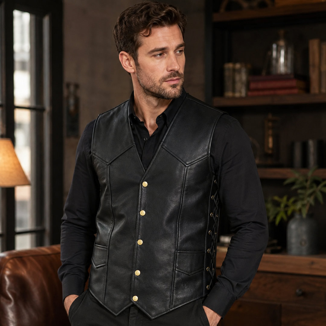 Men’s 10 Pocket Leather Motorcycle Vest – Genuine Cowhide Biker Vest with Side Laces, Concealed Carry Pockets &amp; V-Neck Snap Closure
