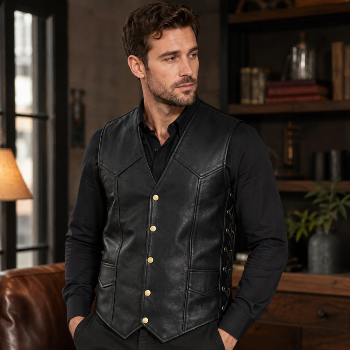 Men’s 10 Pocket Leather Motorcycle Vest – Genuine Cowhide Biker Vest with Side Laces, Concealed Carry Pockets &amp; V-Neck Snap Closure