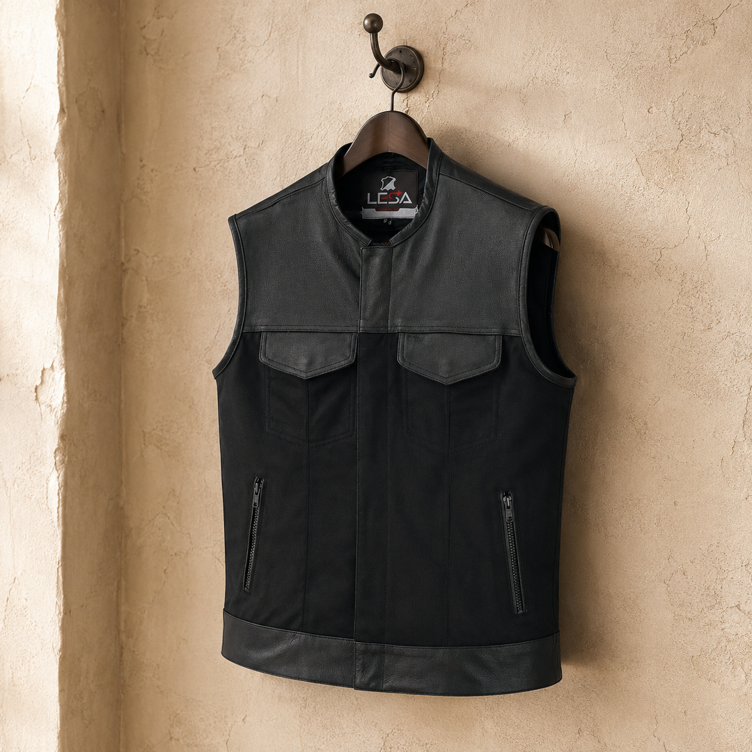 Collarless Men’s Cordura Motorcycle Vest – Textile Biker Vest with Cowhide Leather Trim, Concealed Carry Pockets &amp; Dual Closure