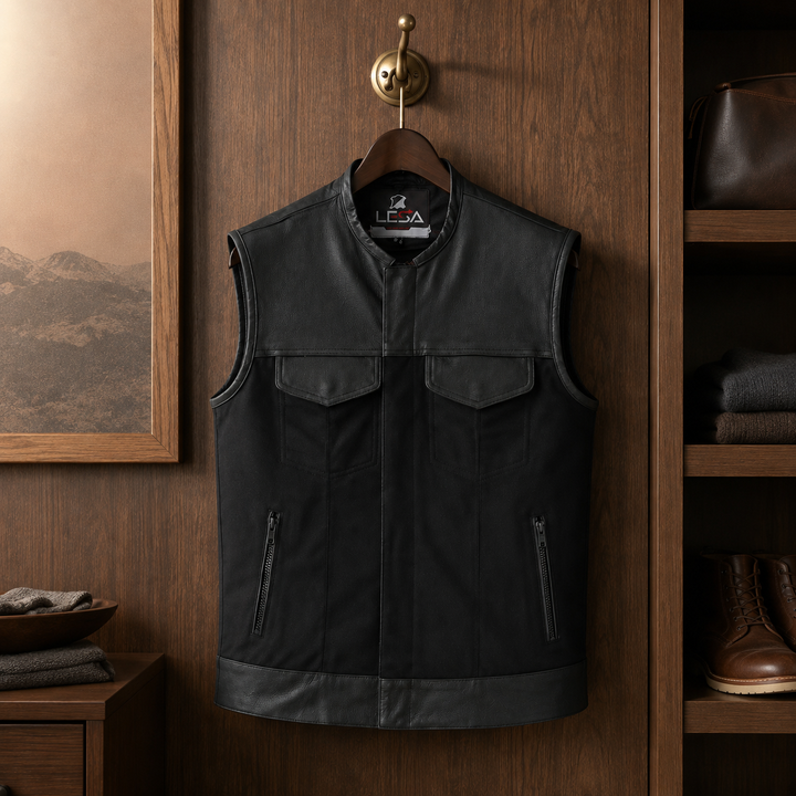 Collarless Men’s Cordura Motorcycle Vest – Textile Biker Vest with Cowhide Leather Trim, Concealed Carry Pockets &amp; Dual Closure